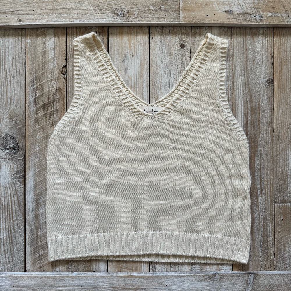 Cream Ribbed Cotton Blend Knit Sleeveless V-Neck Vest